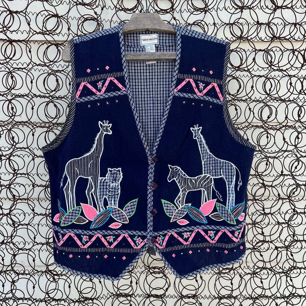 Vintage 90s Napa Valley Giraffe Art To Wear Applique Vest LARGE